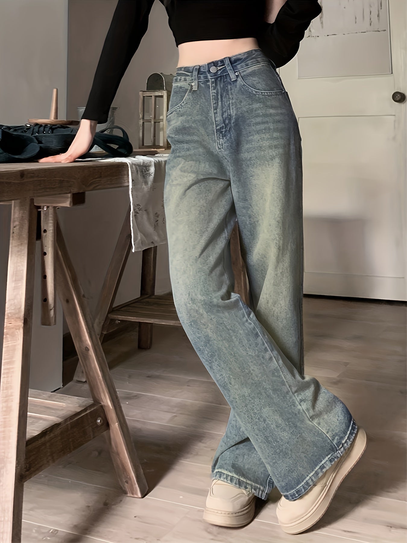 vlovelaw Whiskering Vintage Washed Jeans, Loose Fit High Rise Slash Pocket Denim Pants, Women's Denim Jeans & Clothing