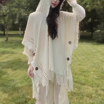 Solid Color Boho Poncho Capes With Hood Elegant Tassel Shawl Outdoor Windproof Cardigan For Women Autumn & Winter