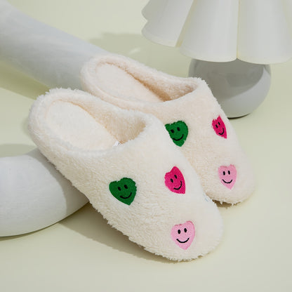 Cute Heart Smile Face Plush Slippers, Cozy & Warm Backless Flat Home Shoes, Valentine's Day Indoor Floor Slippers