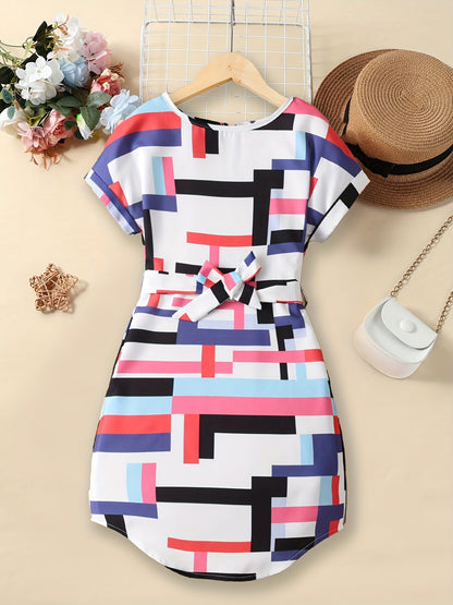 vlovelaw  Girls Geometric Graphics Batwing Sleeve Curved Hem Casual Belted Dress Kids Summer Clothes