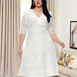 Plus Size Floral Lace Dress, Elegant V Neck Half Sleeve Dress For Party & Banquet, Women's Plus Size Clothing Wedding/Occasion/Engagement/Ceremony/Evening dress