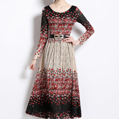 All Over Print Crew Neck Dress, Elegant Long Sleeve Dress For Spring & Fall, Women's Clothing