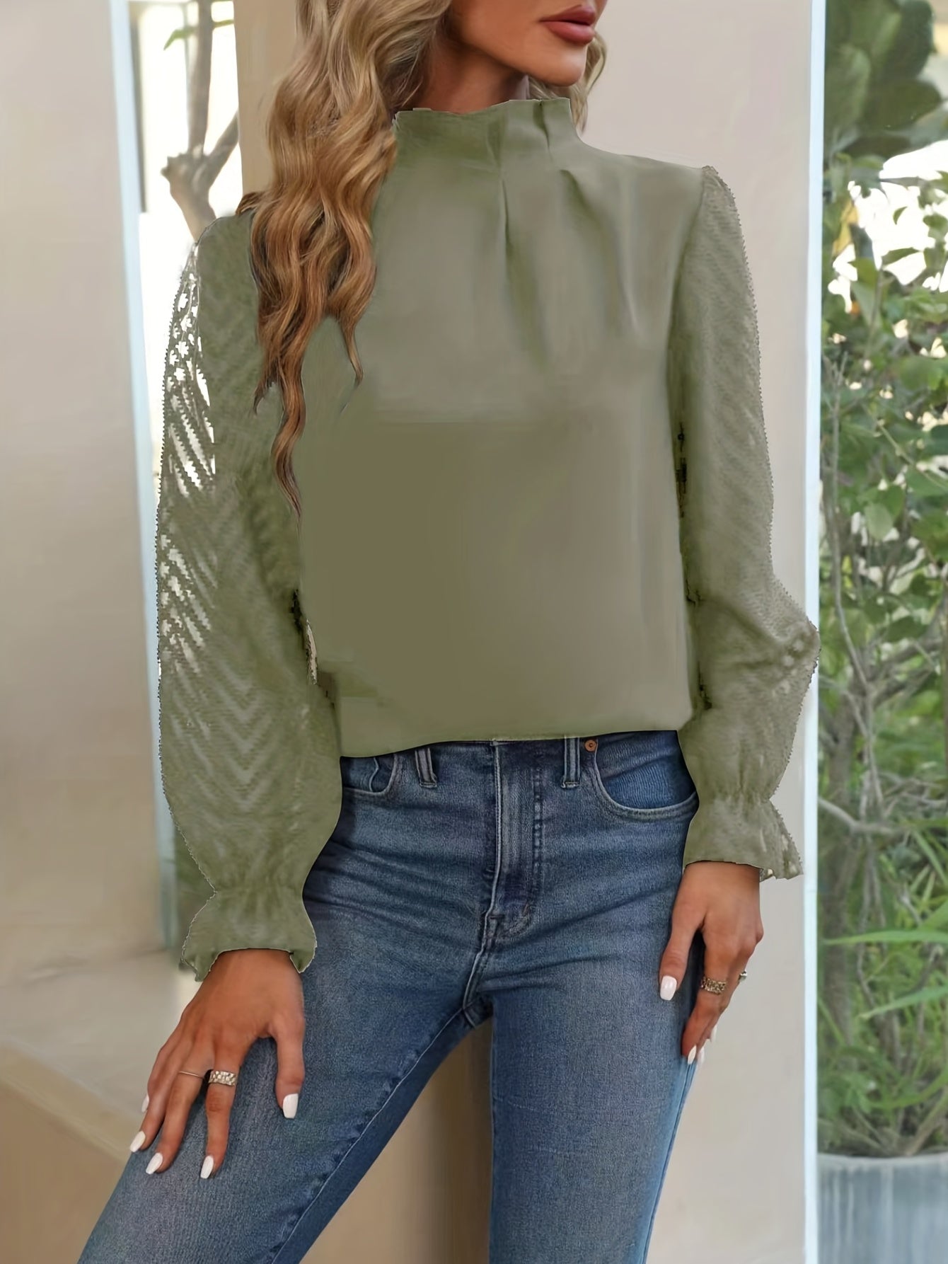 Ruched Keyhole Blouse, Elegant Solid Long Sleeve Versatile Blouse, Women's Clothing