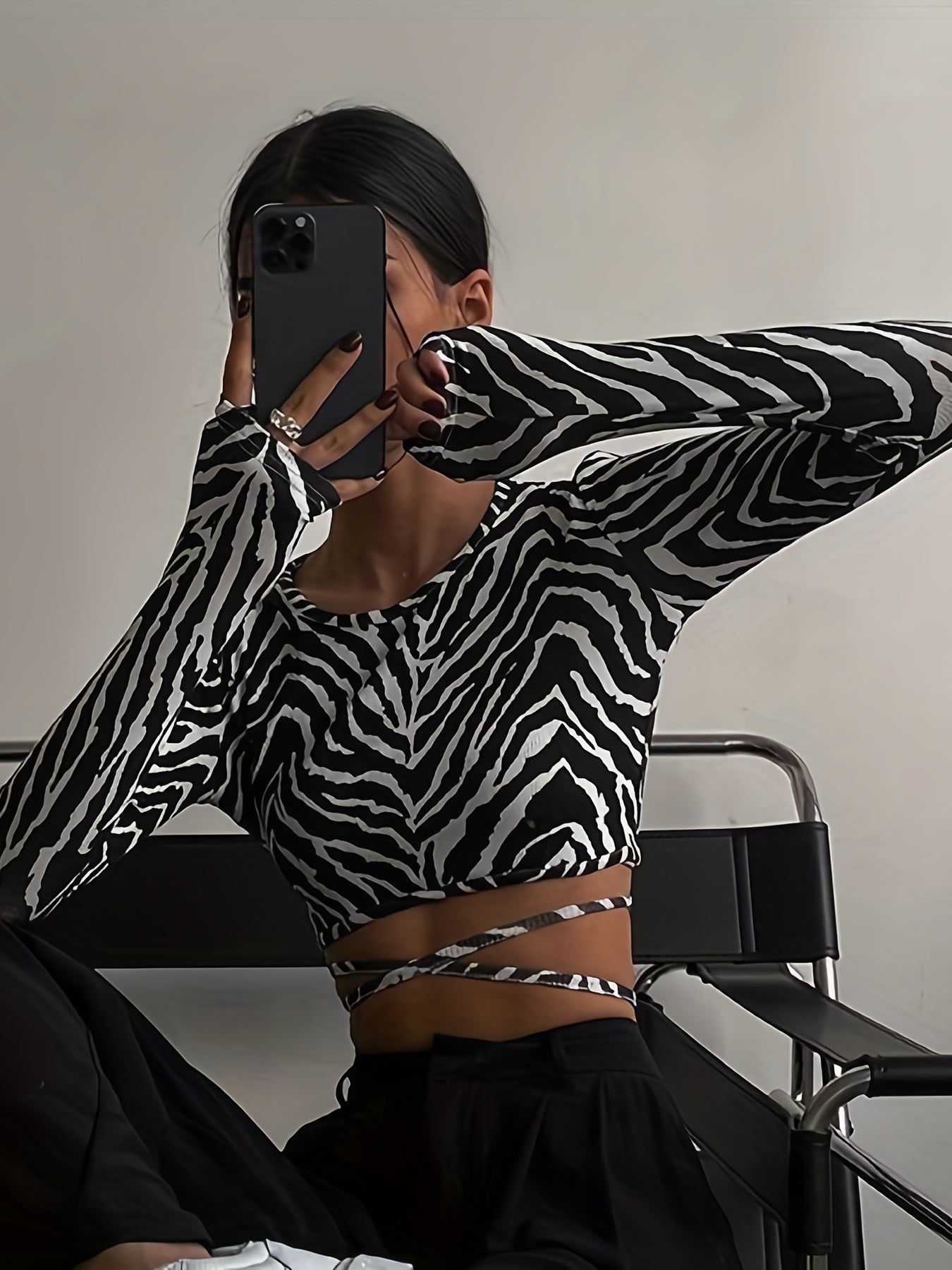 vlovelaw  Zebra Print Backless T-shirt, Sexy Crew Neck Long Sleeve Tie Back T-shirt, Women's Clothing