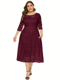 Plus Size Elegant Midi Lace Dress with 3/4 Sleeves - Crew Neck, Trapeze Hem, Pocket Details, Fitted Silhouette - Perfect for Wedding, Evening, Occasion, and Engagement Ceremony