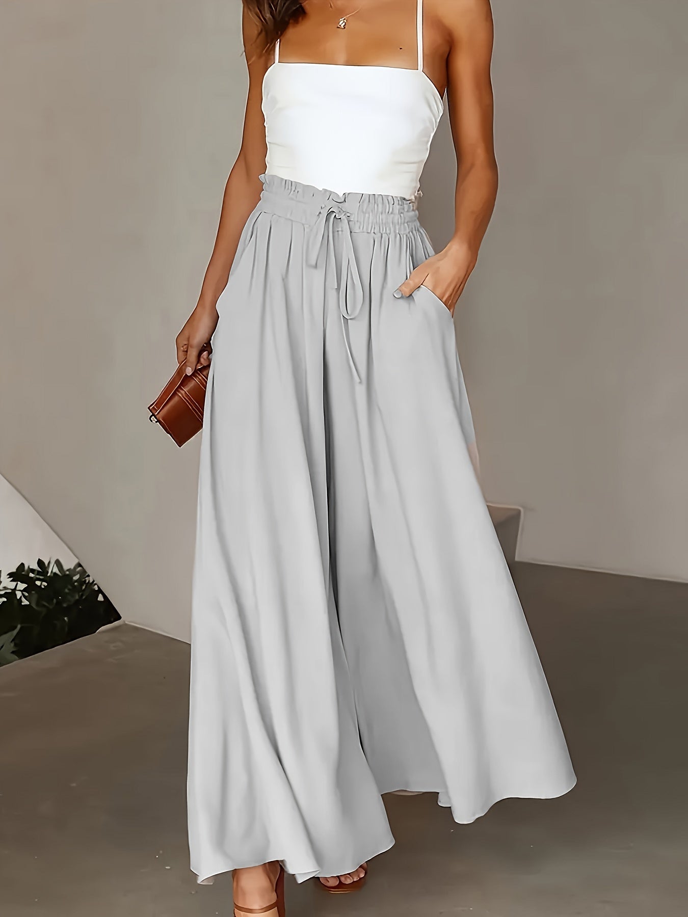 vlovelaw  Plus Size Casual Pants, Women's Plus Solid Shirred Tie Waist Wide Leg Loose Trousers With Pockets