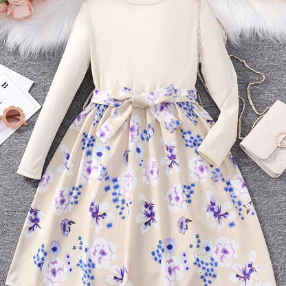 vlovelaw  Girls Long Sleeves Round Neck Flowers Splicing Belted Dress For Party Kids Spring Clothes