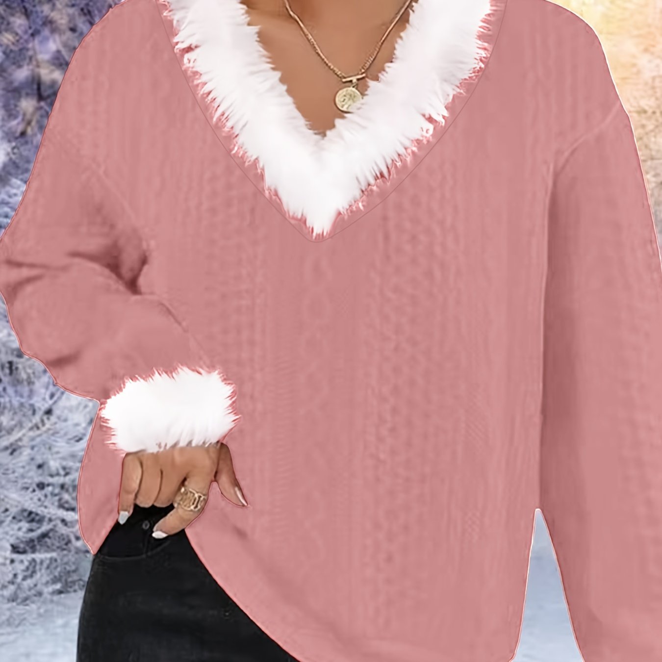 Christmas Faux Fur Trim Pullover Sweatshirt, Casual Long Sleeve V Neck Sweatshirt For Fall & Winter, Women's Clothing