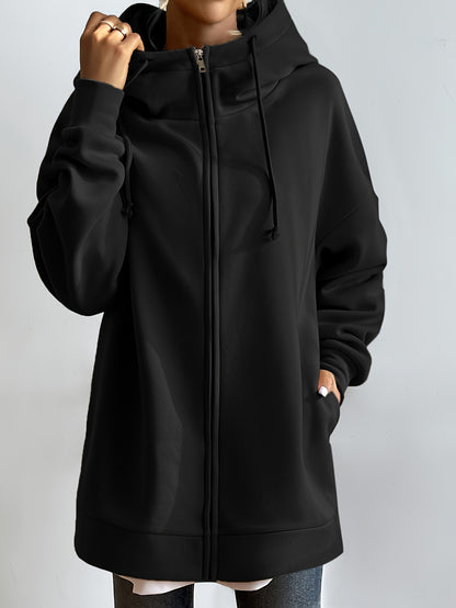 vlovelaw  Solid Color Casual Sports Hooded Zipper Sweatshirs, Long Sleeve Drawstring Hoodie, Women's Sporty Sweatshirts