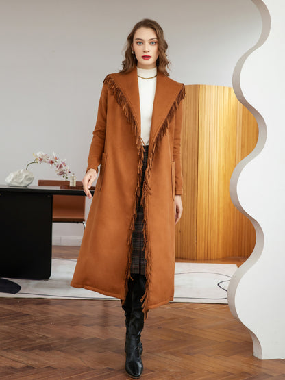 vlovelaw  Tassel With Pocket Solid Coat, Casual Belted Long Sleeve Coat For Fall, Women's Clothing