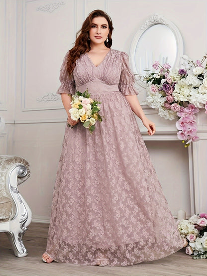 Plus Size Elegant Peplum Bridesmaid Dress - V-Neck, Ruched Lace, Slight Stretch, Floor-Length, Polyester, Hand Wash - Perfect for Wedding Party, Middle East Inspired, All-Season, Embroidered Floral Pattern