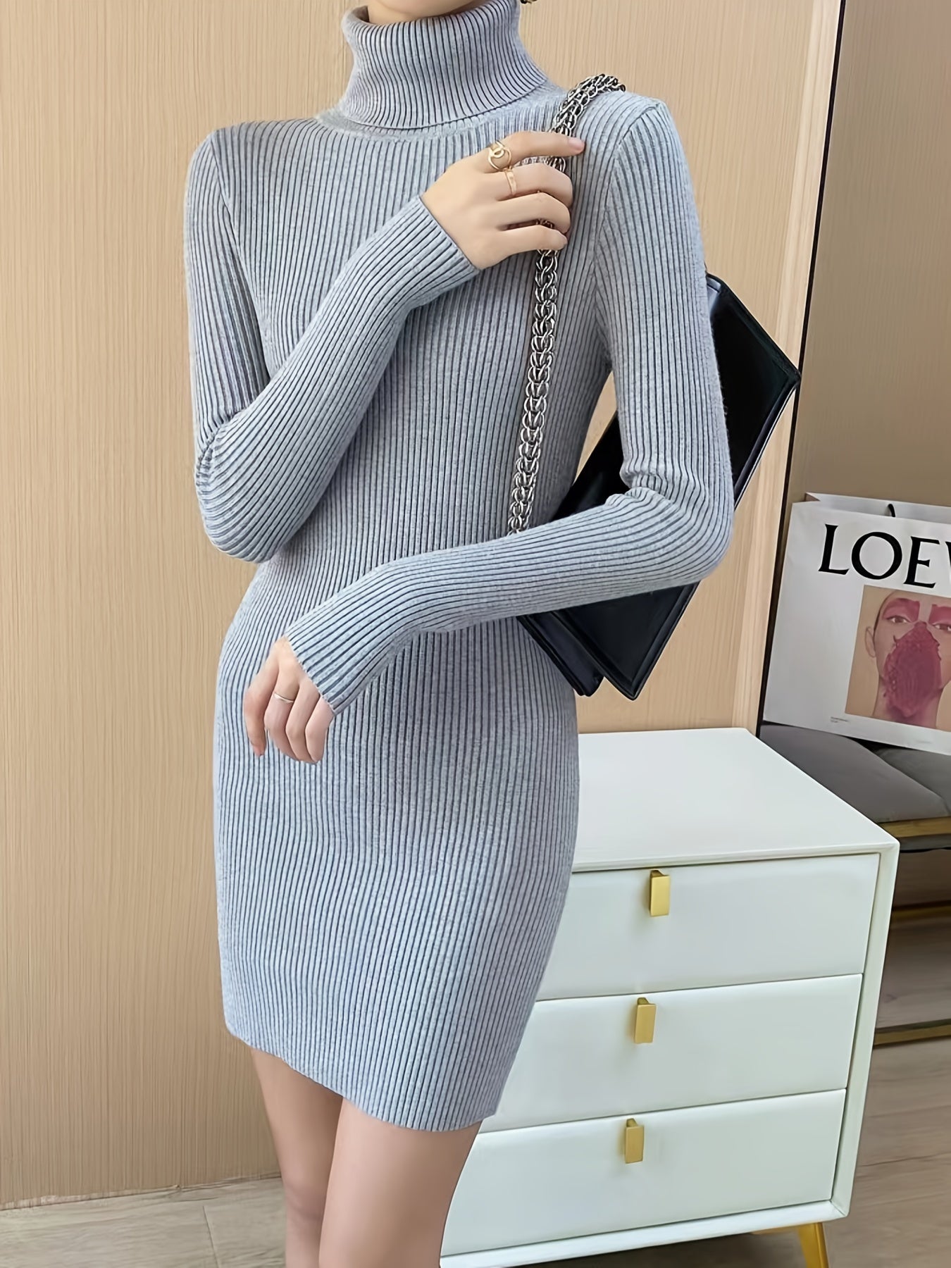 vlovelaw  Elegant Solid Turtleneck Bodycon Dress, Long Sleeve Casual Every Day Dress For Winter & Fall, Women's Clothing