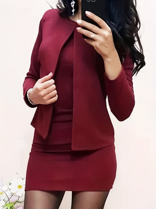 vlovelaw  Elegant Solid Slim Two-piece Dress Set, Long Sleeve Jacket & Bodycon Dress Outfits, Women's Clothing