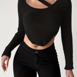 vlovelaw  Solid Asymmetrical Hem Crop Sweater, Sexy Long Sleeve Sweater For Spring & Fall, Women's Clothing