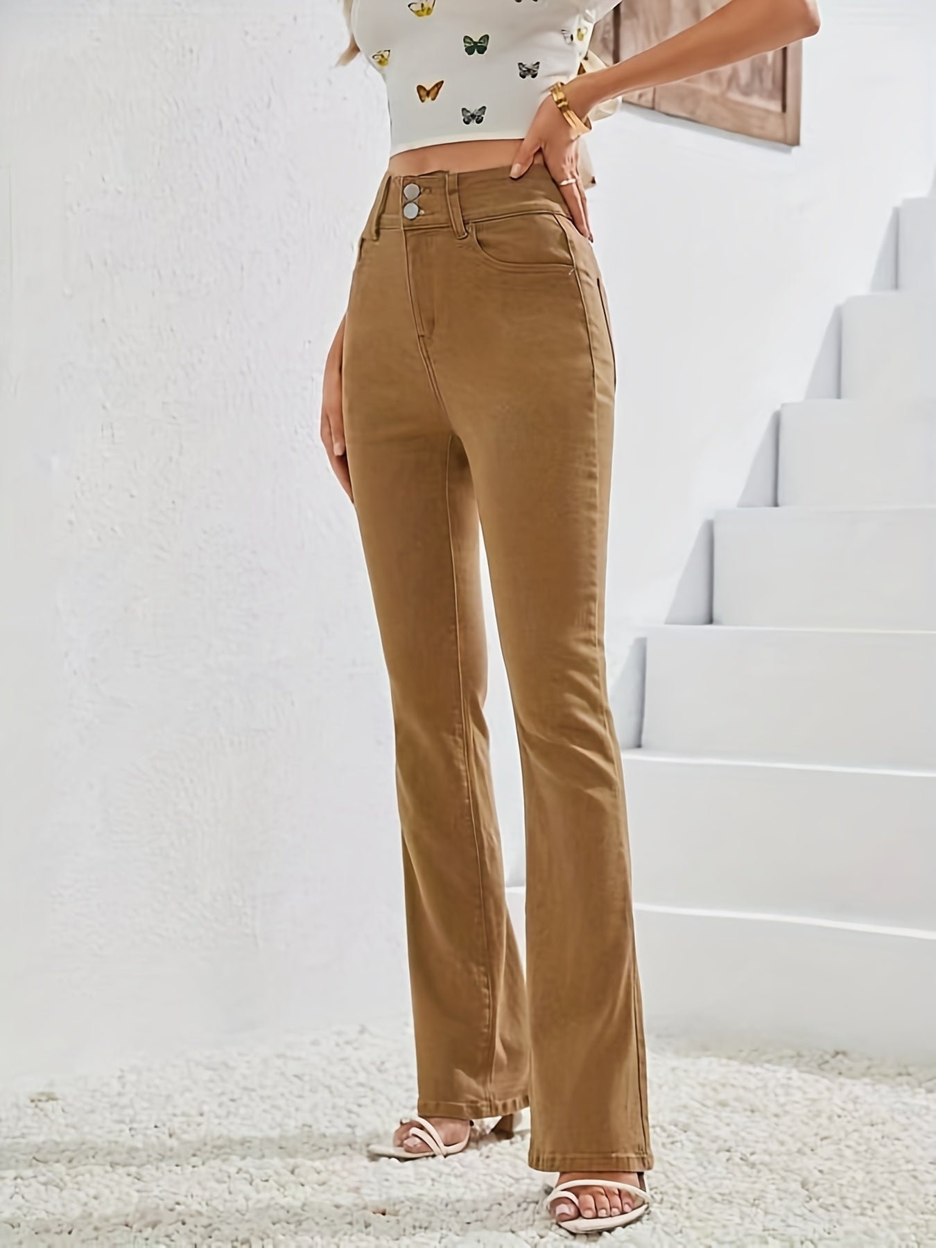 Plain Double Button Wide Leg Jeans, High Rise Mid Strech Street Style Flare Denim Pants, Women's Denim Jeans & Clothing