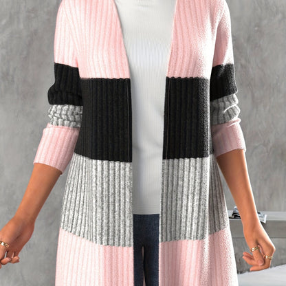 vlovelaw Ribbed Colorblock Open Front Cardigan, Casual Long Sleeve Cover Up Cardigan, Women's Clothing