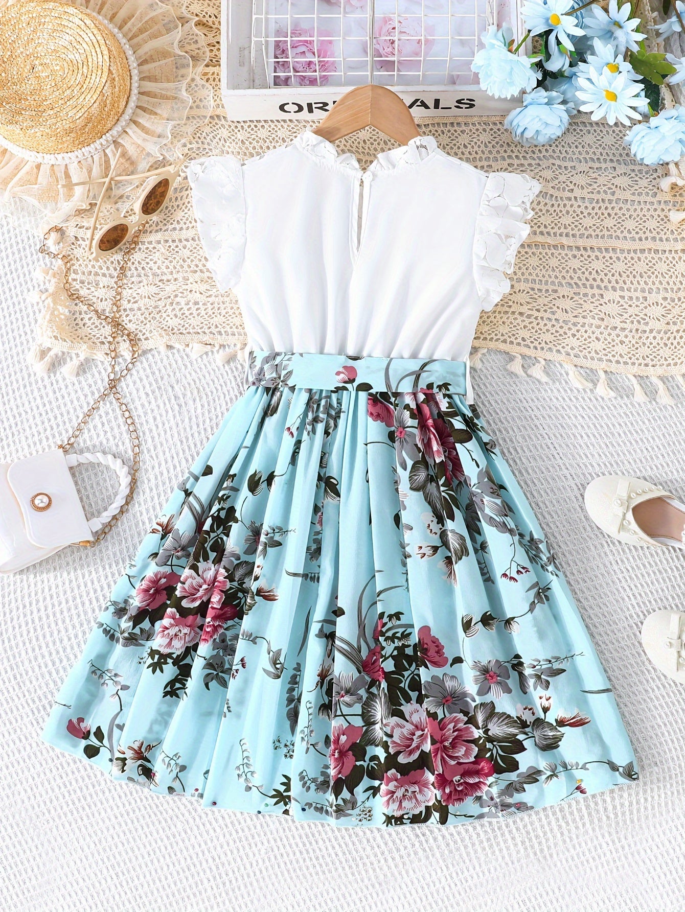 Summer Blooms Girls Dress - Lace Accented Pleated Floral Print with Belt for Holiday Wear