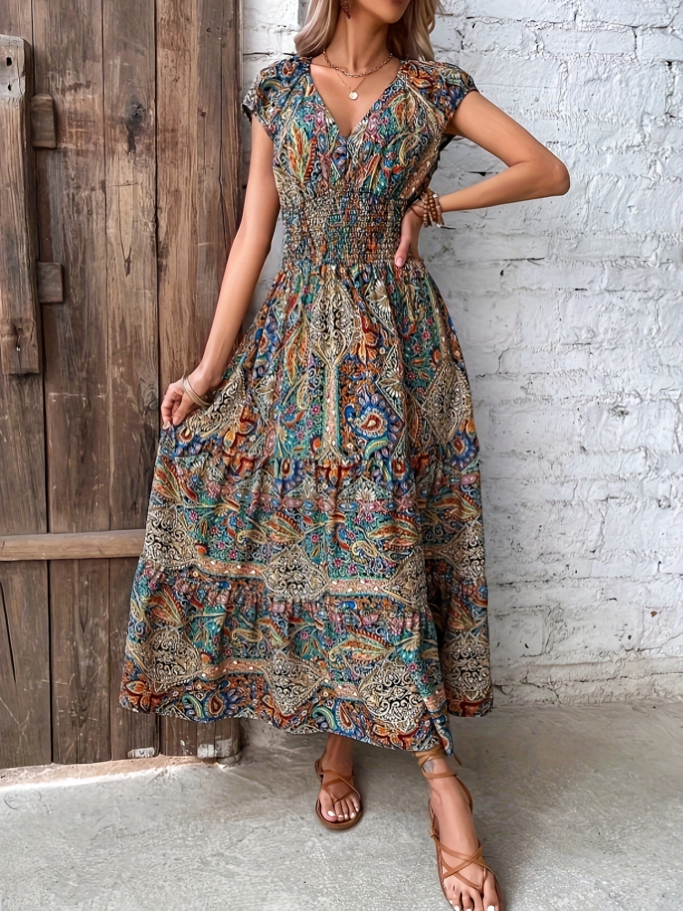 vlovelaw  Paisley Print V Neck Dress, Elegant Short Sleeve Dress For Spring & Summer, Women's Clothing