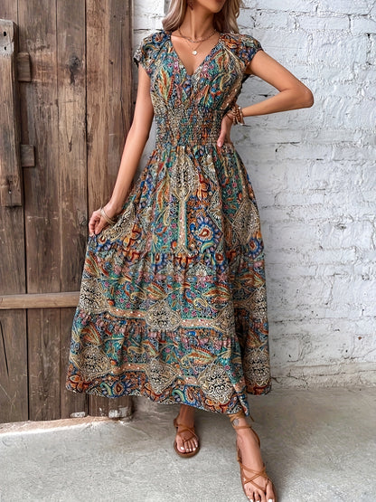 vlovelaw  Paisley Print V Neck Dress, Elegant Short Sleeve Dress For Spring & Summer, Women's Clothing