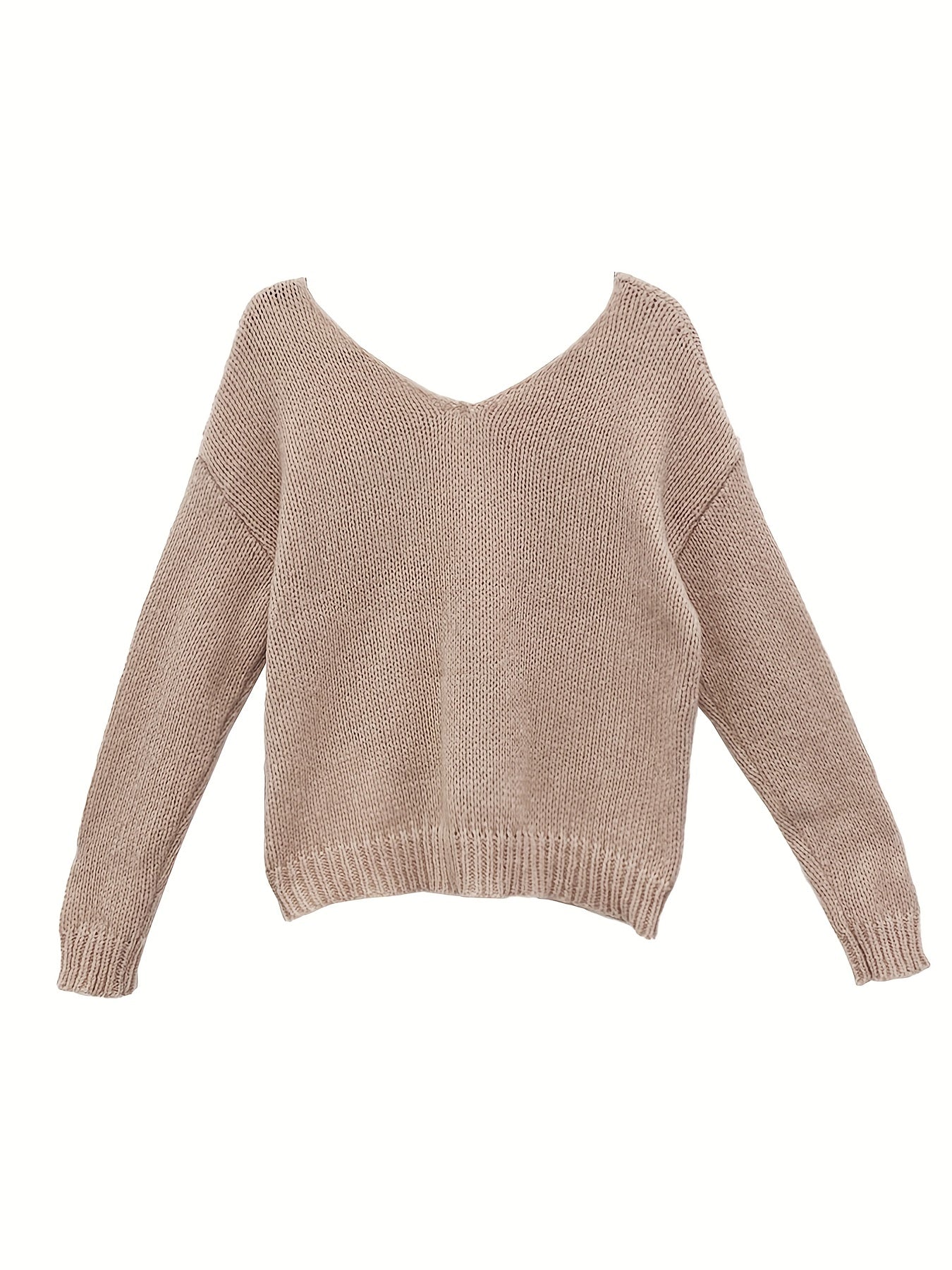 Solid V Neck Knitted Top, Casual Long Sleeve Pullover Sweater For Spring & Fall, Women's Clothing