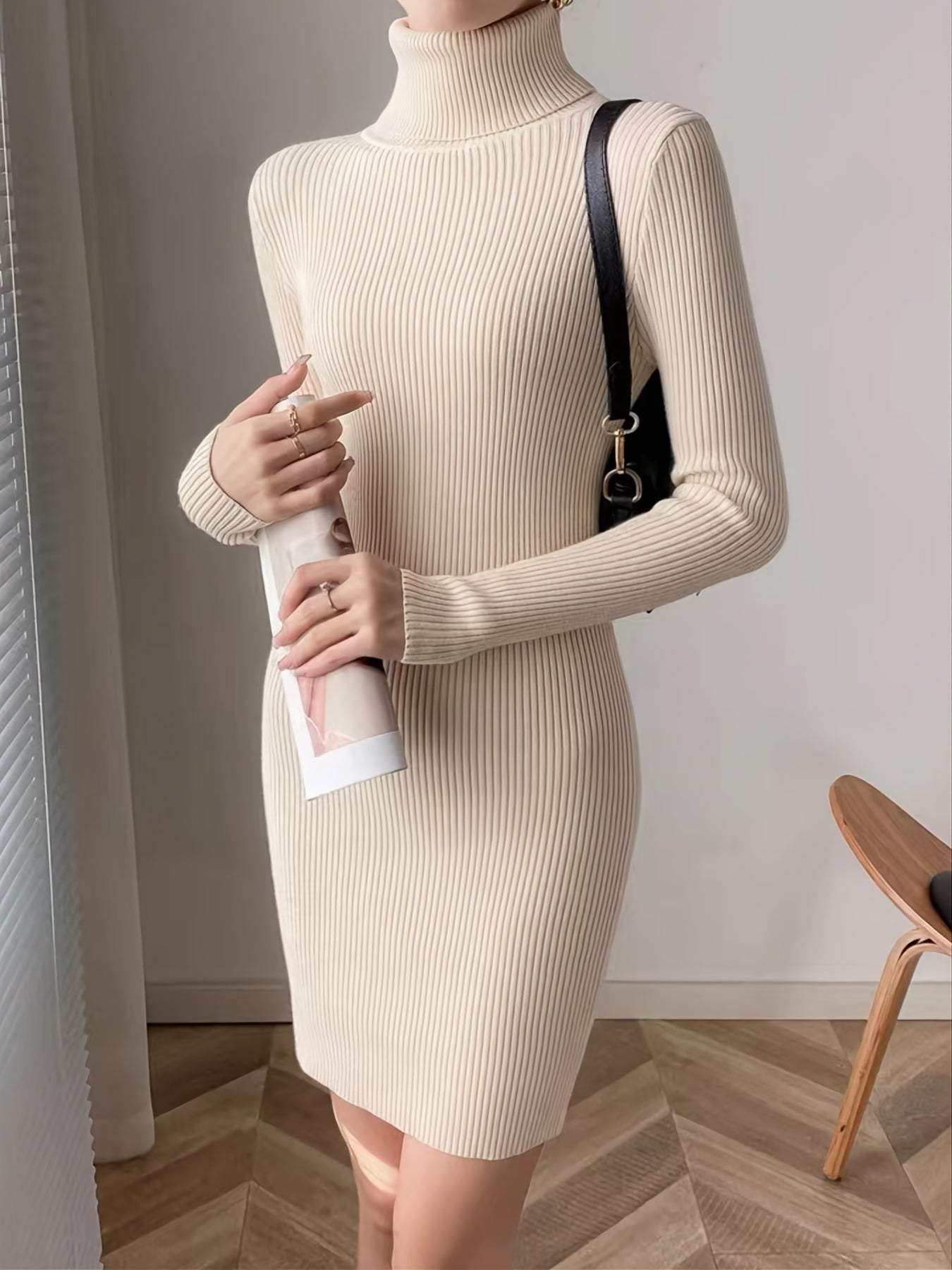 vlovelaw  Elegant Solid Turtleneck Bodycon Dress, Long Sleeve Casual Every Day Dress For Winter & Fall, Women's Clothing