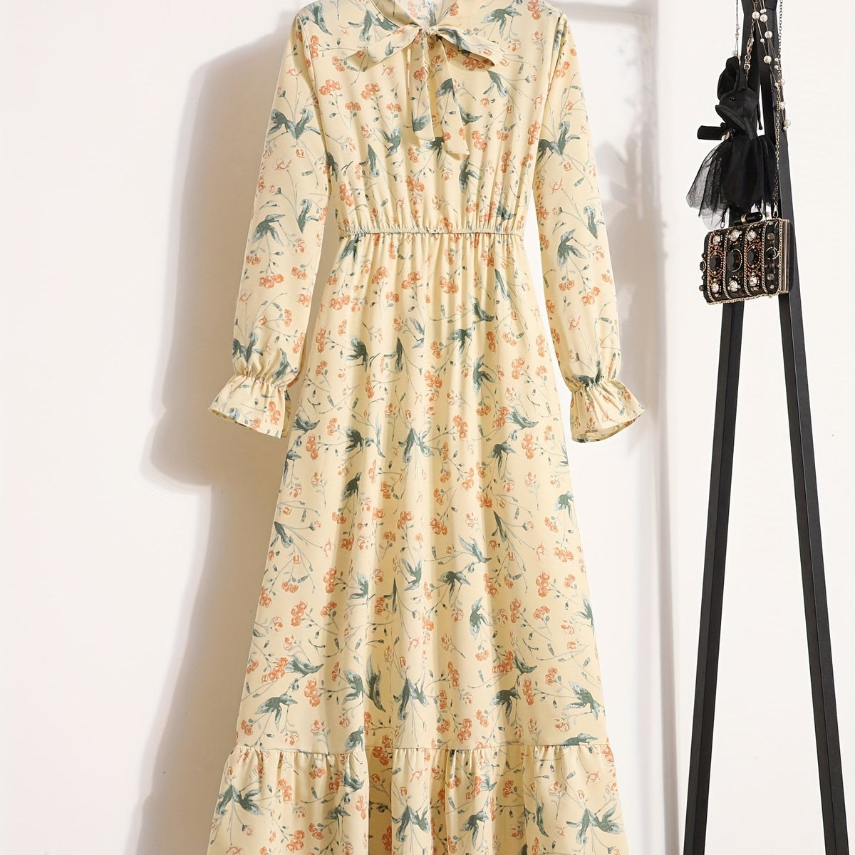 vlovelaw Floral Print Tie Neck Dress, Vintage Long Sleeve A Line Dress, Women's Clothing
