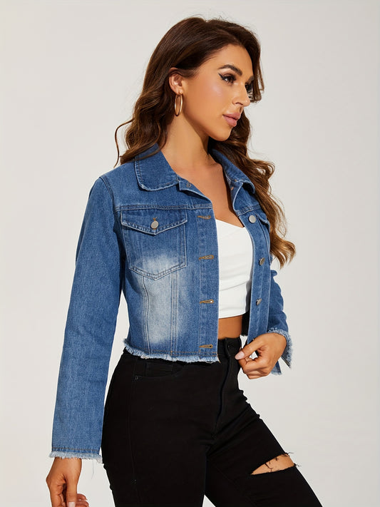 vlovelaw  Blue Frayed Trim Denim Jackets, Long Sleeves Single-Breasted Button Lapel Denim Coats, Women's Denim Clothing