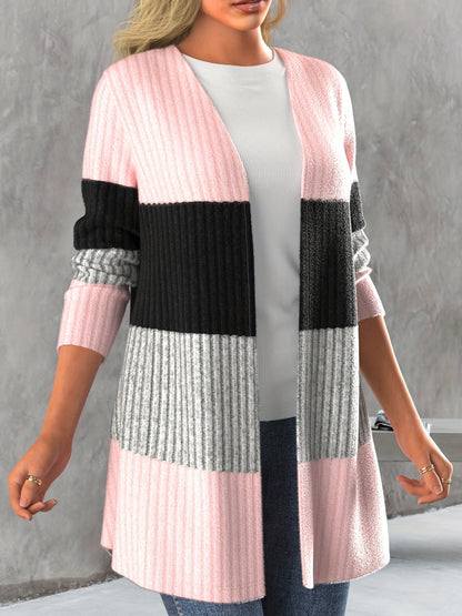 vlovelaw Ribbed Colorblock Open Front Cardigan, Casual Long Sleeve Cover Up Cardigan, Women's Clothing