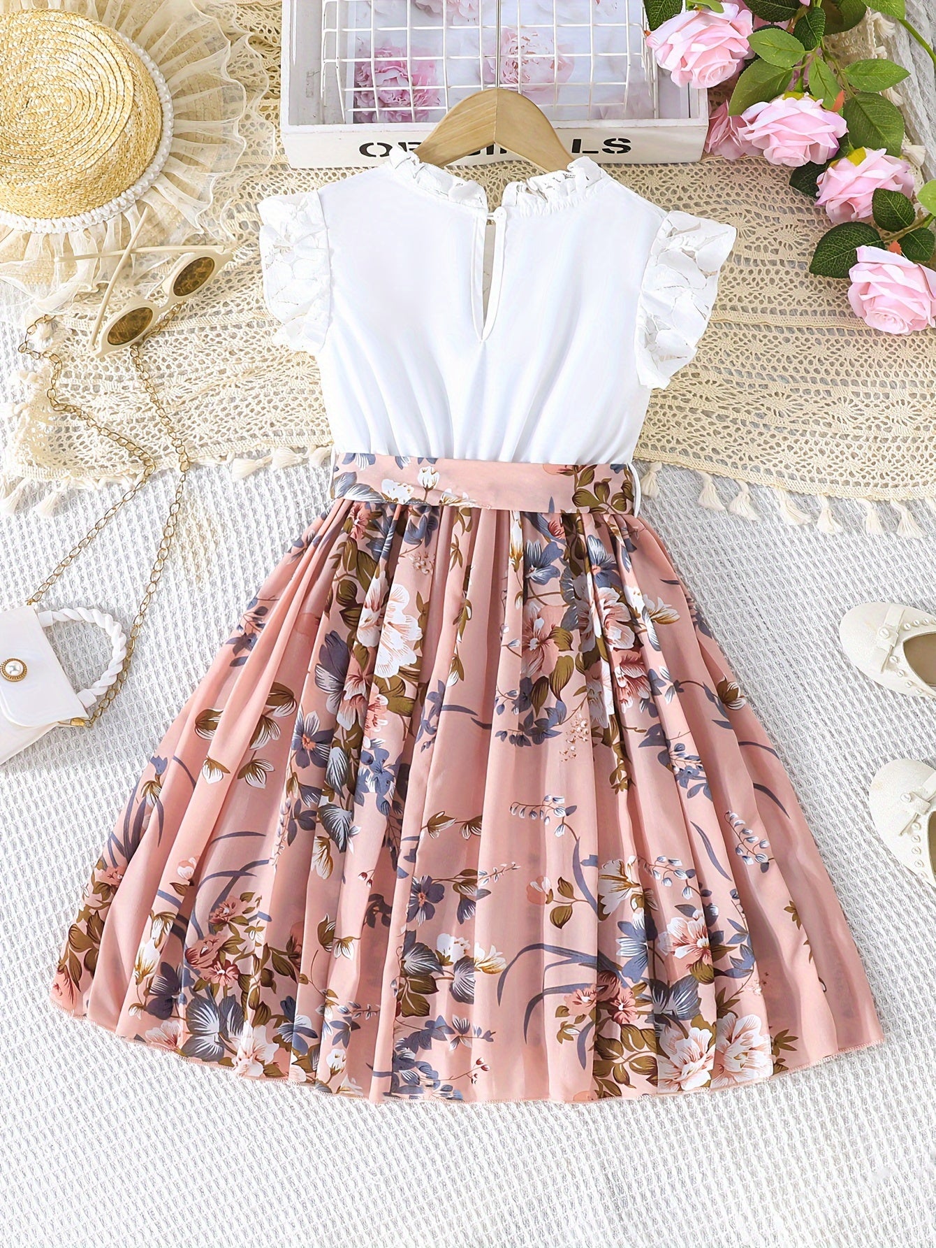 Summer Blooms Girls Dress - Lace Accented Pleated Floral Print with Belt for Holiday Wear