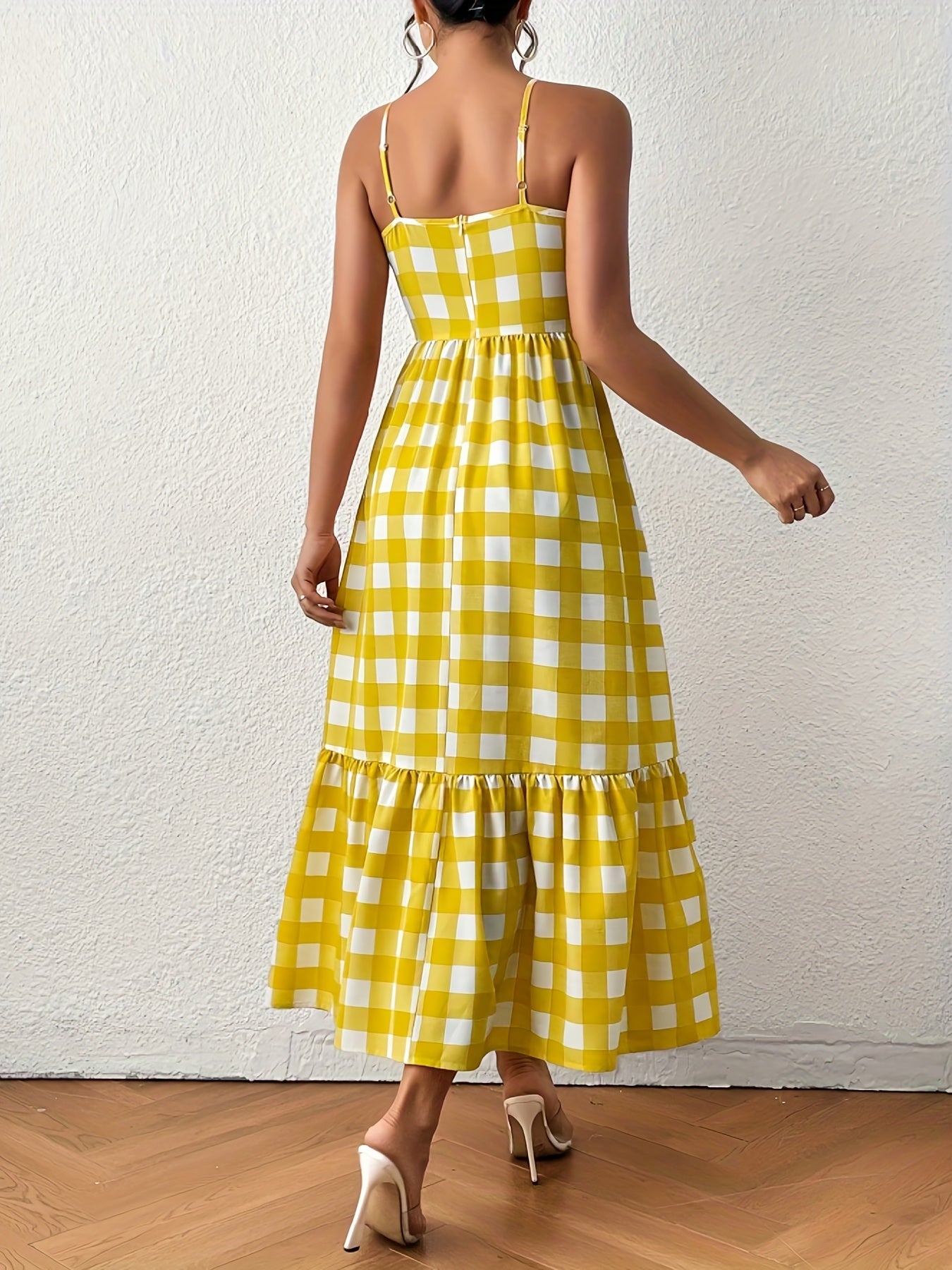 vlovelaw Gingham Print Cami Dress, High Waist Casual Dress For Summer & Spring, Women's Clothing