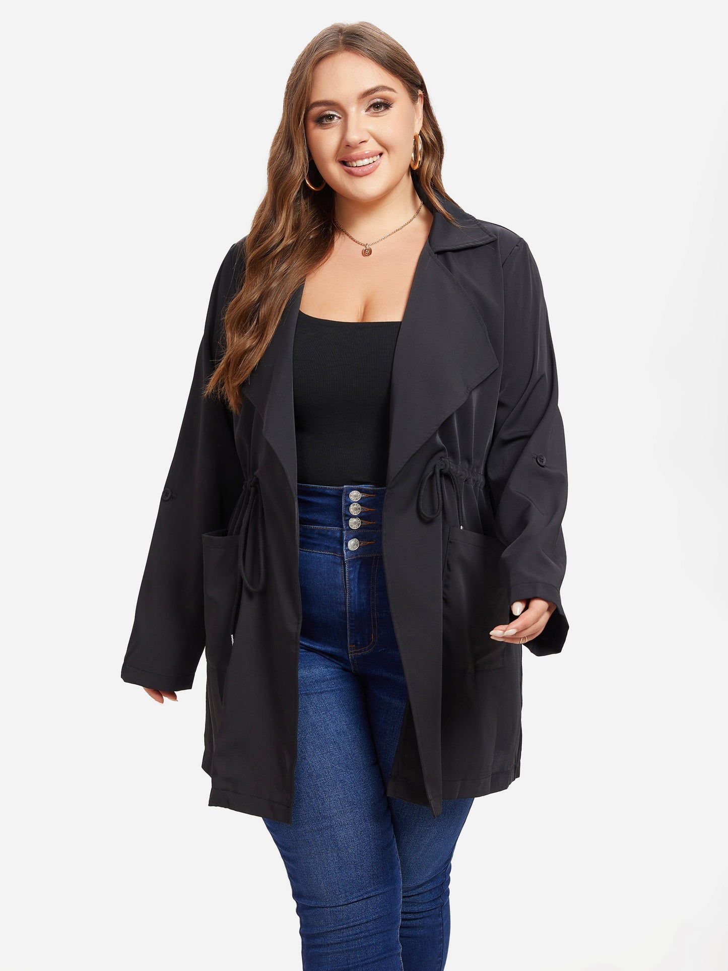 vlovelaw  Plus Size Drawstring Pockets Coat, Casual Long Sleeve Lapel Coat For Fall, Women's Plus Size Clothing