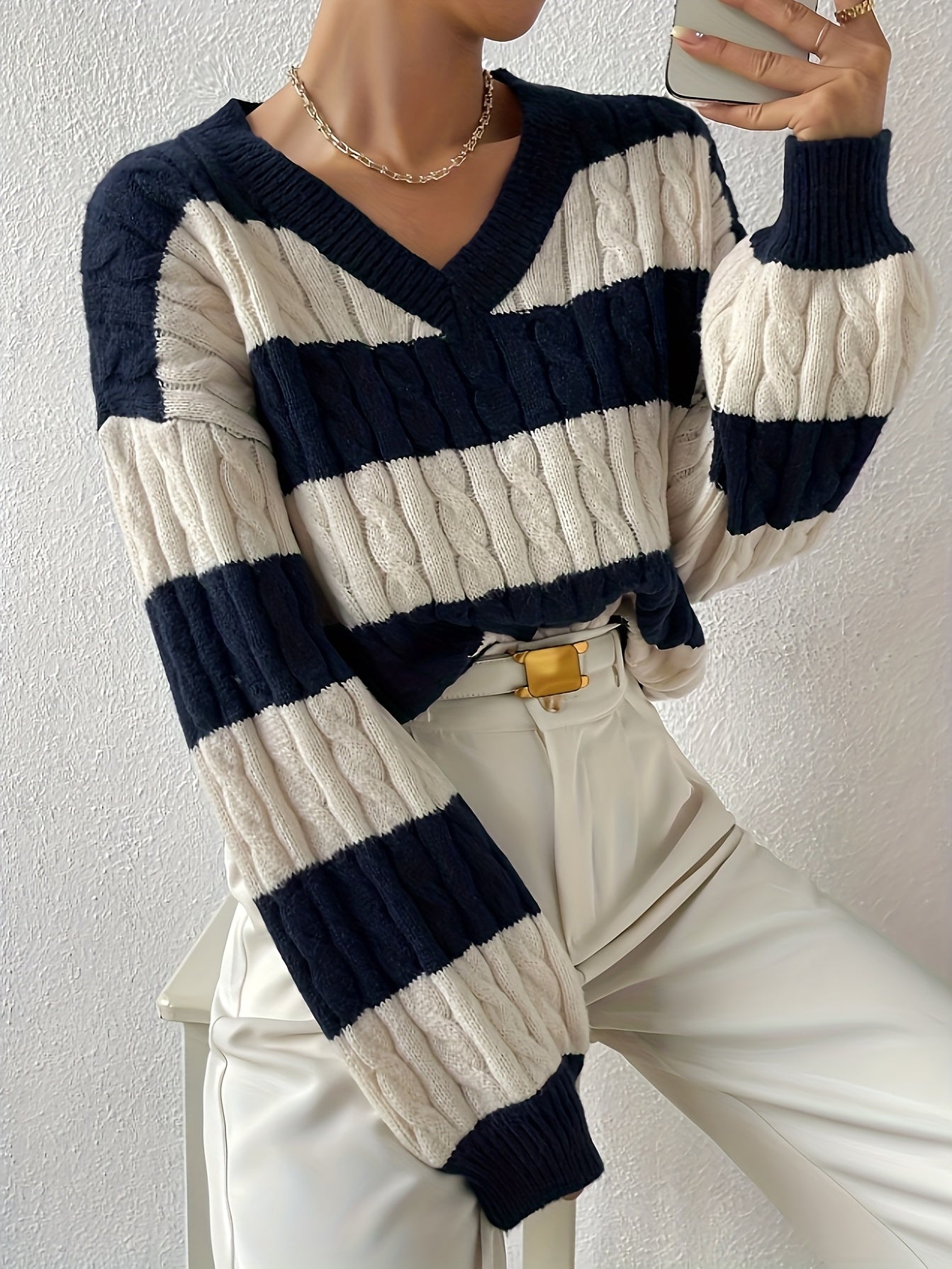 vlovelaw Color Block Cable Knit Sweater, Casual V Neck Long Sleeve Sweater, Women's Clothing