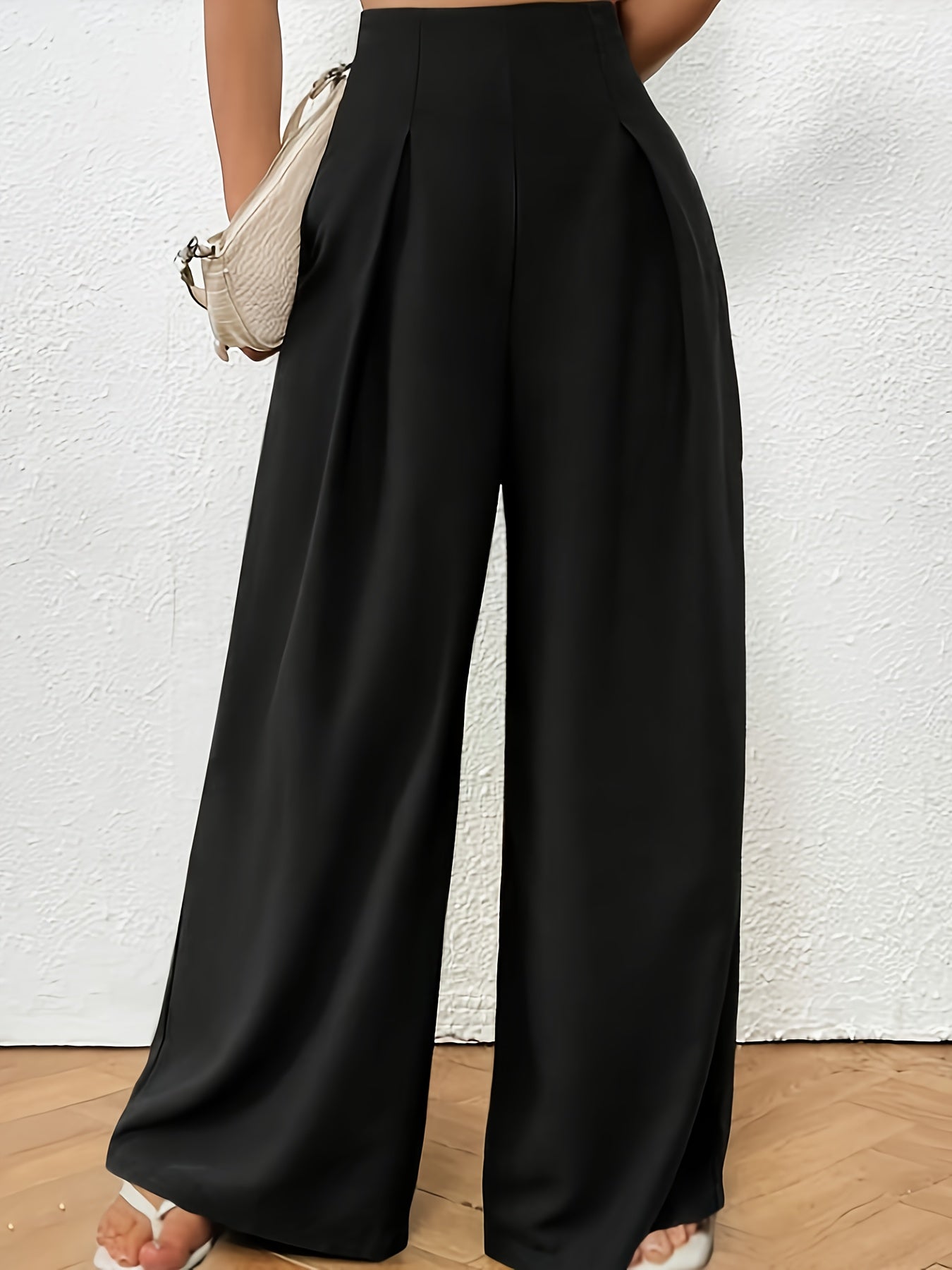 Plus Size Solid Pleated Wide Leg Pants, Casual High Waist Pants, Women's Plus Size Clothing