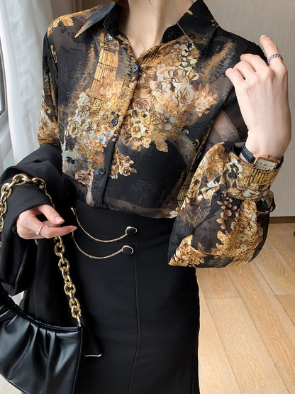 Floral Print Button Front Shirt, Casual Long Sleeve Shirt For Spring & Fall, Women's Clothing