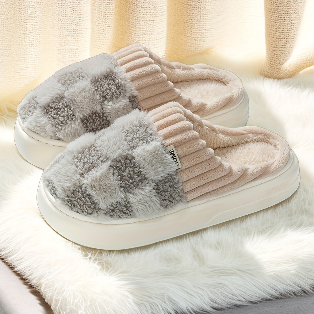 Cozy Checkered Plush Home Slippers - Soft-Sole, Winter Warmth, Quiet Indoor Comfort, Stylish Bedroom Footwear