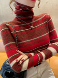 vlovelaw  Stripes Print Turtle Neck Pullover Sweater, Elegant Long Sleeve Knitted Sweater For Fall & Winter, Women's Clothing