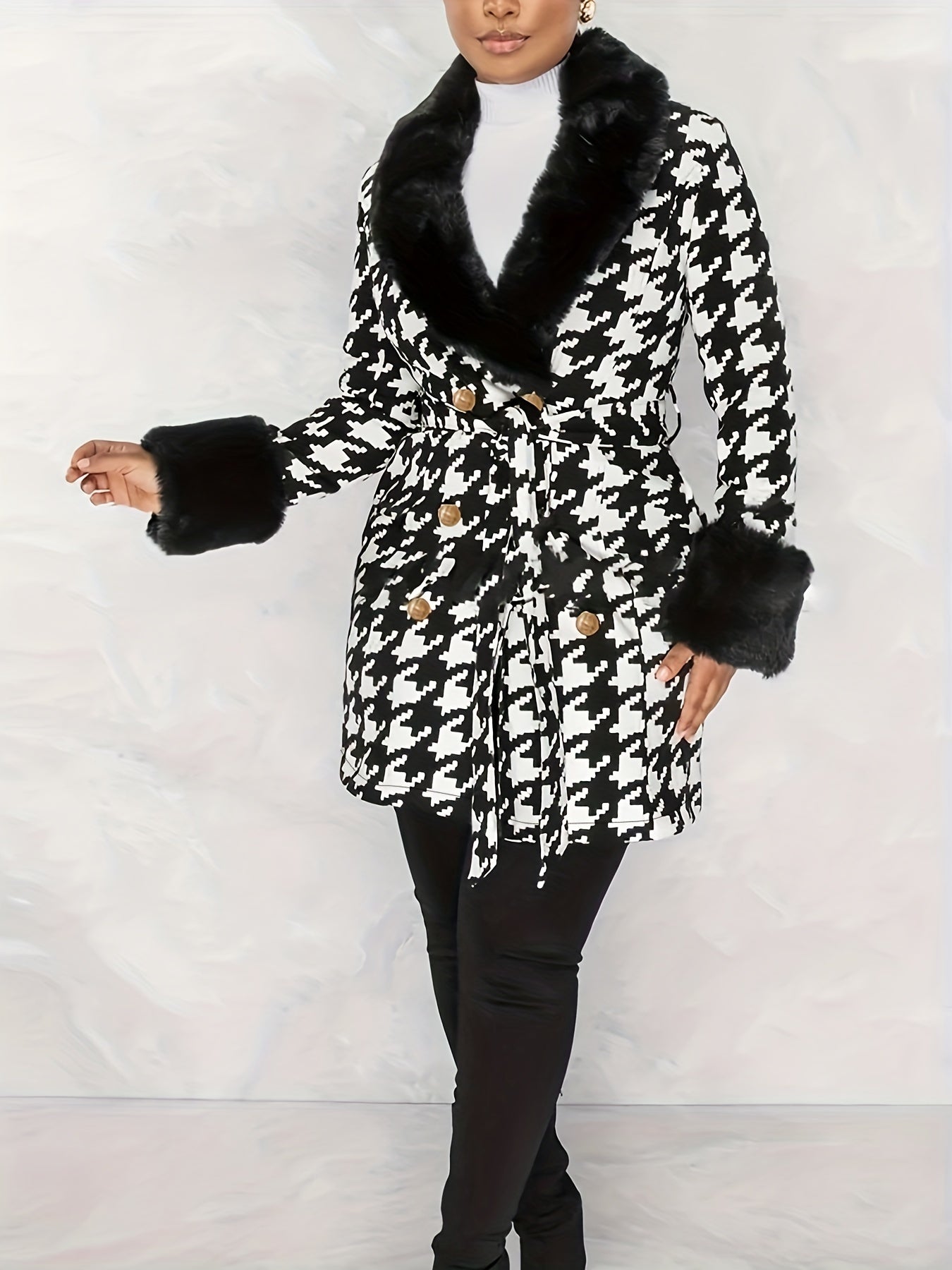 vlovelaw  Houndstooth Faux-Fur Trim Outwear, Elegant Double Breasted Long Sleeve Belted Coat For Winter, Women's Clothing