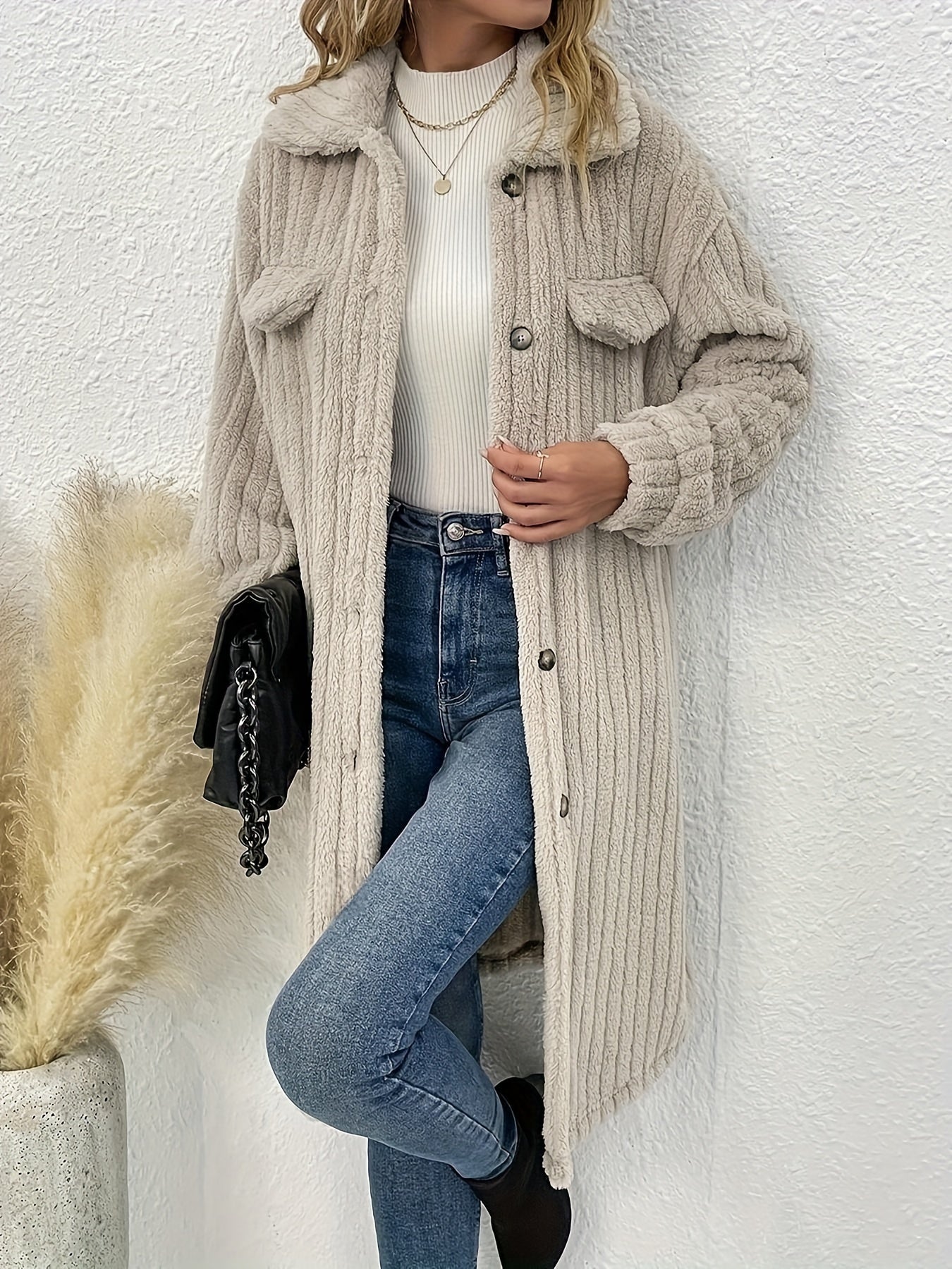 vlovelaw  Button Front Lapel Plush Coat, Long Sleeve Textured Outwear For Winter, Women's Clothing