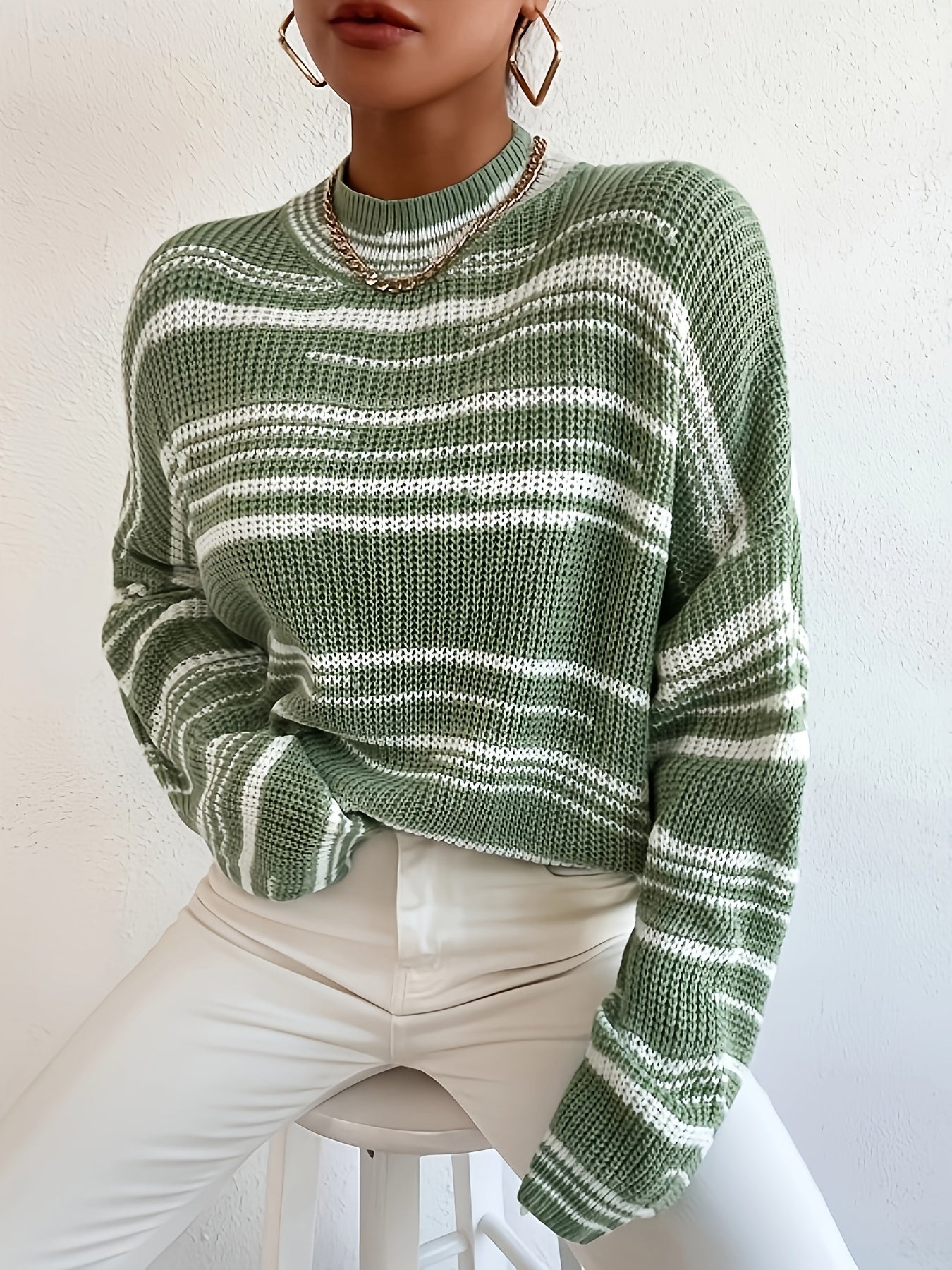 vlovelaw  Striped Crew Neck Pullover Sweater, Casual Long Sleeve Drop Shoulder Loose Sweater, Women's Clothing