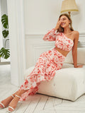 vlovelaw  Floral Print Two-piece Set, Elegant One Shoulder Long Sleeve Crop Top & Asymmetrical Ruffle Hem Skirt Outfits, Women's Clothing