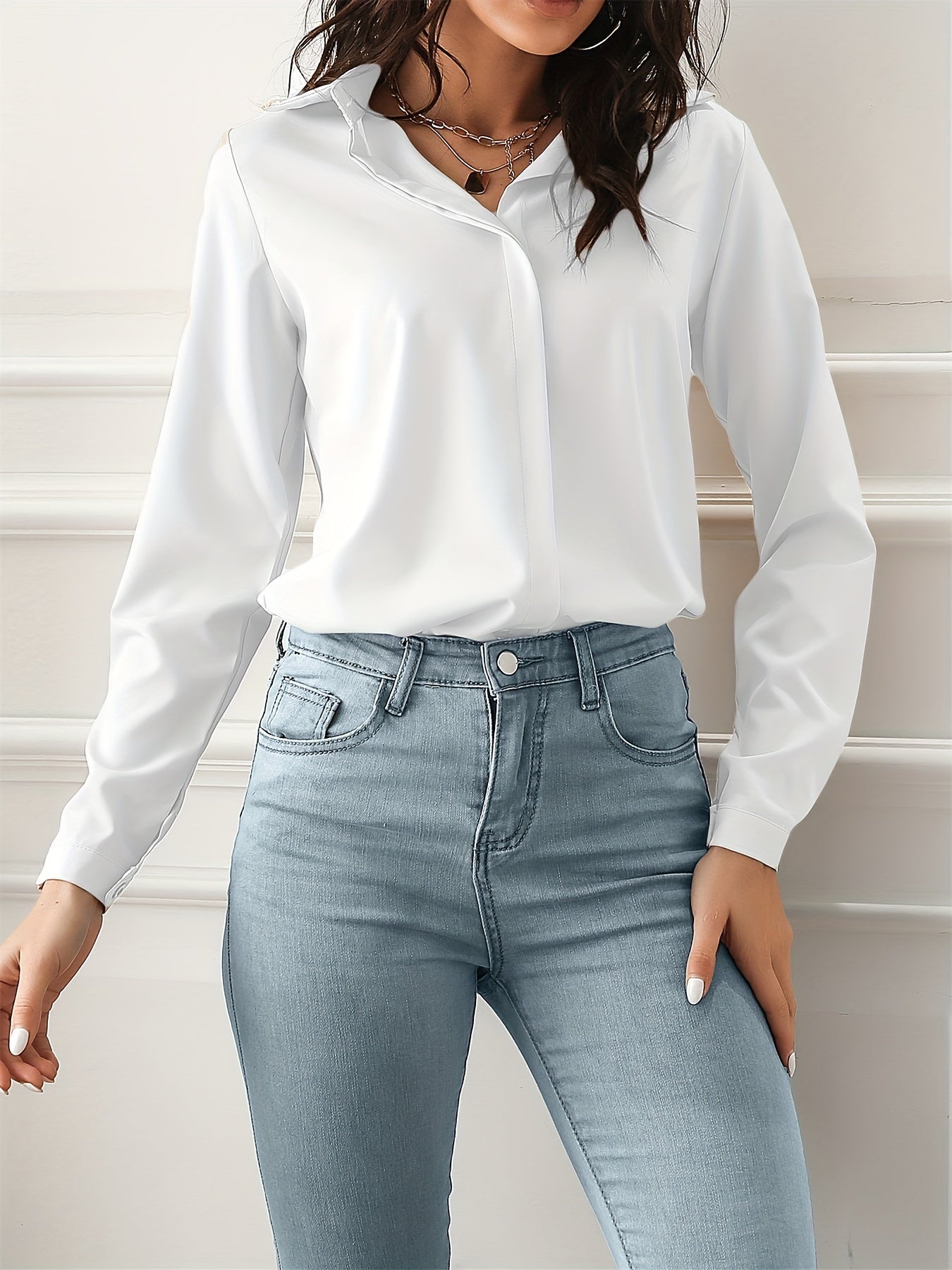 vlovelaw  Solid Simple Shirt, Casual Turn Down Collar Long Sleeve Work Office Shirt, Women's Clothing