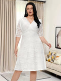 Plus Size Floral Lace Dress, Elegant V Neck Half Sleeve Dress For Party & Banquet, Women's Plus Size Clothing Wedding/Occasion/Engagement/Ceremony/Evening dress