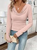 Stylish Solid Color Cowl Neck Long Sleeve T-Shirt - Comfortable, Elegant, and Versatile for Spring & Fall - Women's Clothing for Everyday Wear