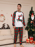 Men's Trendy Casual Christmas Pajamas Sets, Reindeer Plaid Graphic Print Long Sleeve Crew Neck Top & Loose Pants Lounge Wear