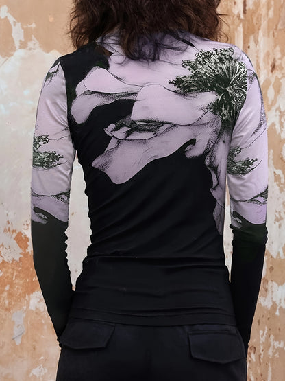 All Over Print Mock Neck T-Shirt, Casual Long Sleeve Top For Spring & Fall, Women's Clothing