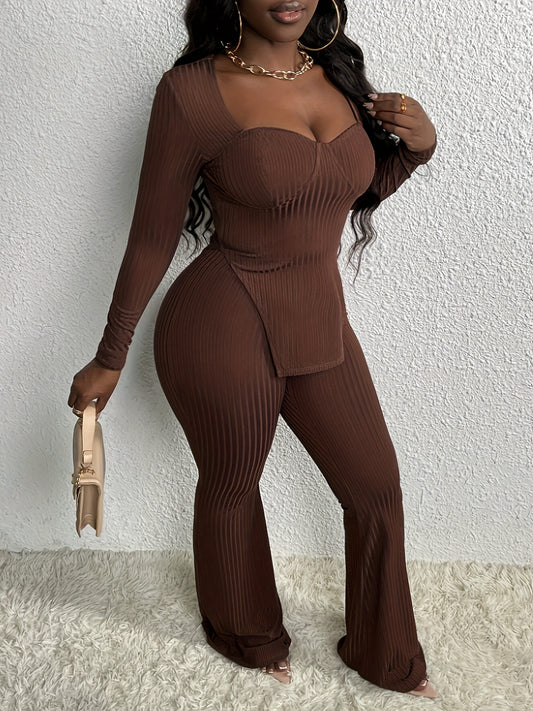 vlovelaw  Casual Ribbed Solid Color Pants Set, Sweetheart Neck Long Sleeve Split Hem Top & Flare Leg Pants Outfits, Women's Clothing