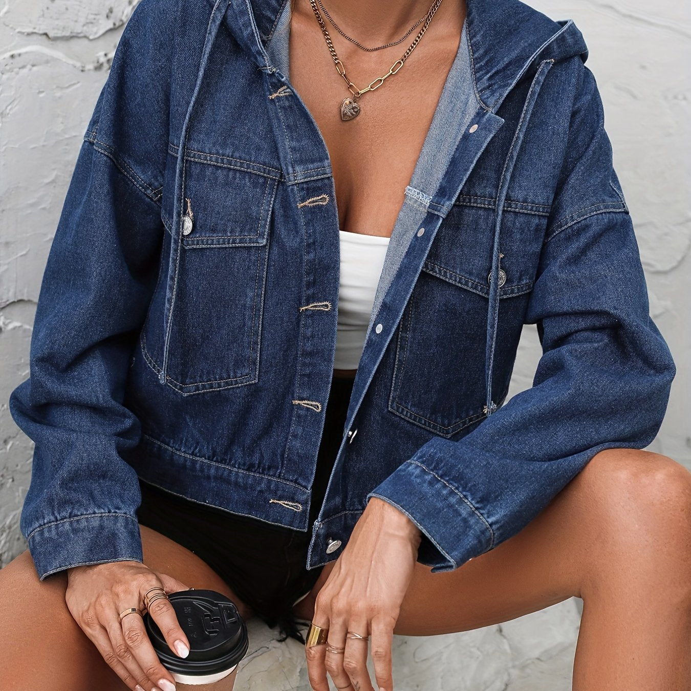 Plain Hooded Cropped Denim Coats, Single-Breasted Button Long Sleeves Flap Pockets Denim Jackets, Women's Denim Clothing