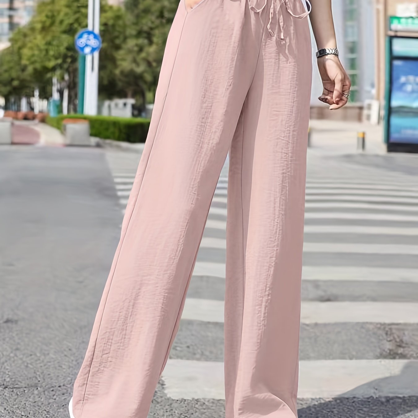 vlovelaw  Minimalist Solid Drawstring Pants, Casual Long Length Elastic Waist Wide Leg Pants, Women's Clothing