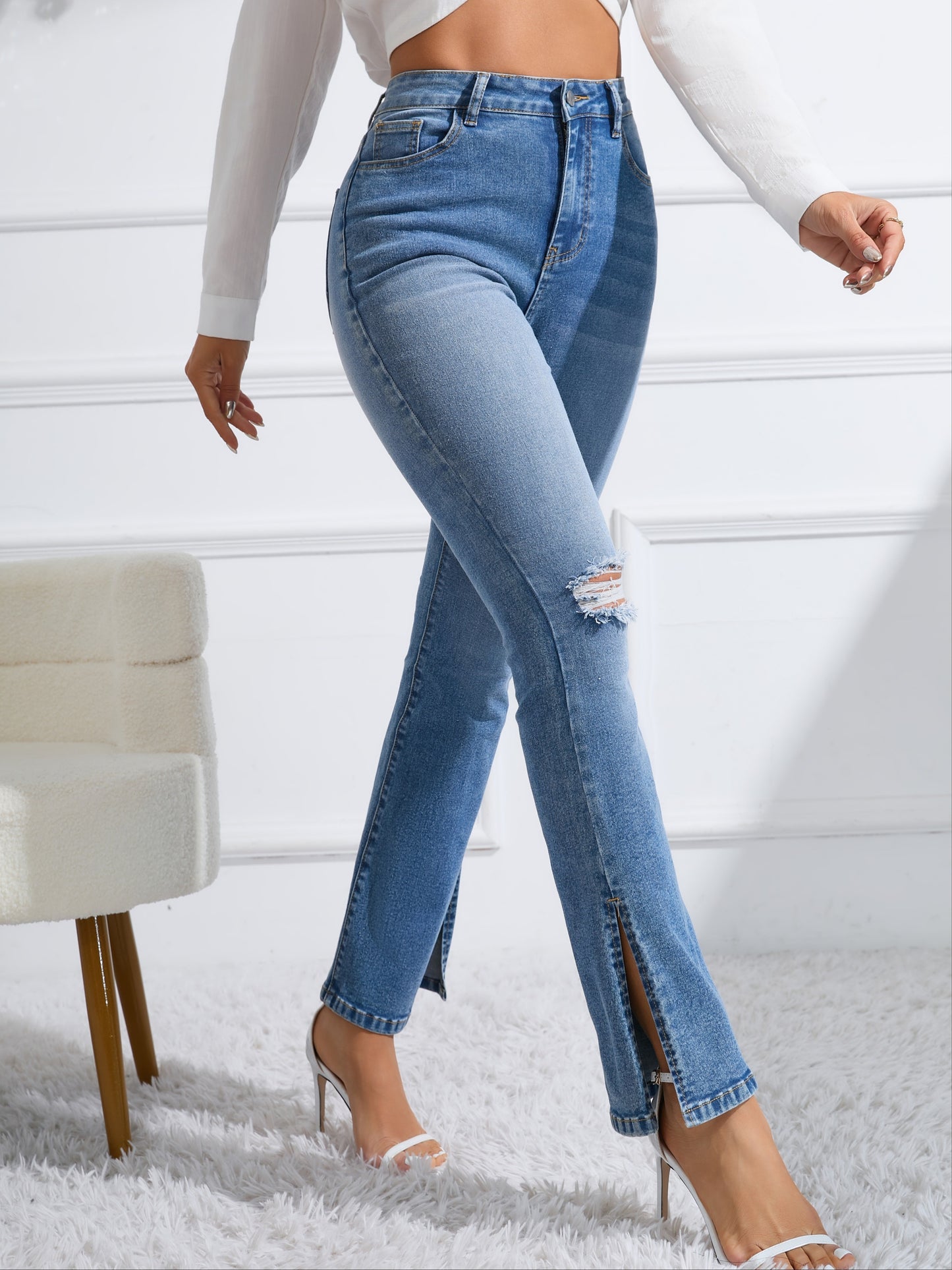 vlovelaw  Side Split Ripped Holes Flare Jeans, Button Zipper Fly Washed Casual Denim Pants, Women's Denim Jeans & Clothing