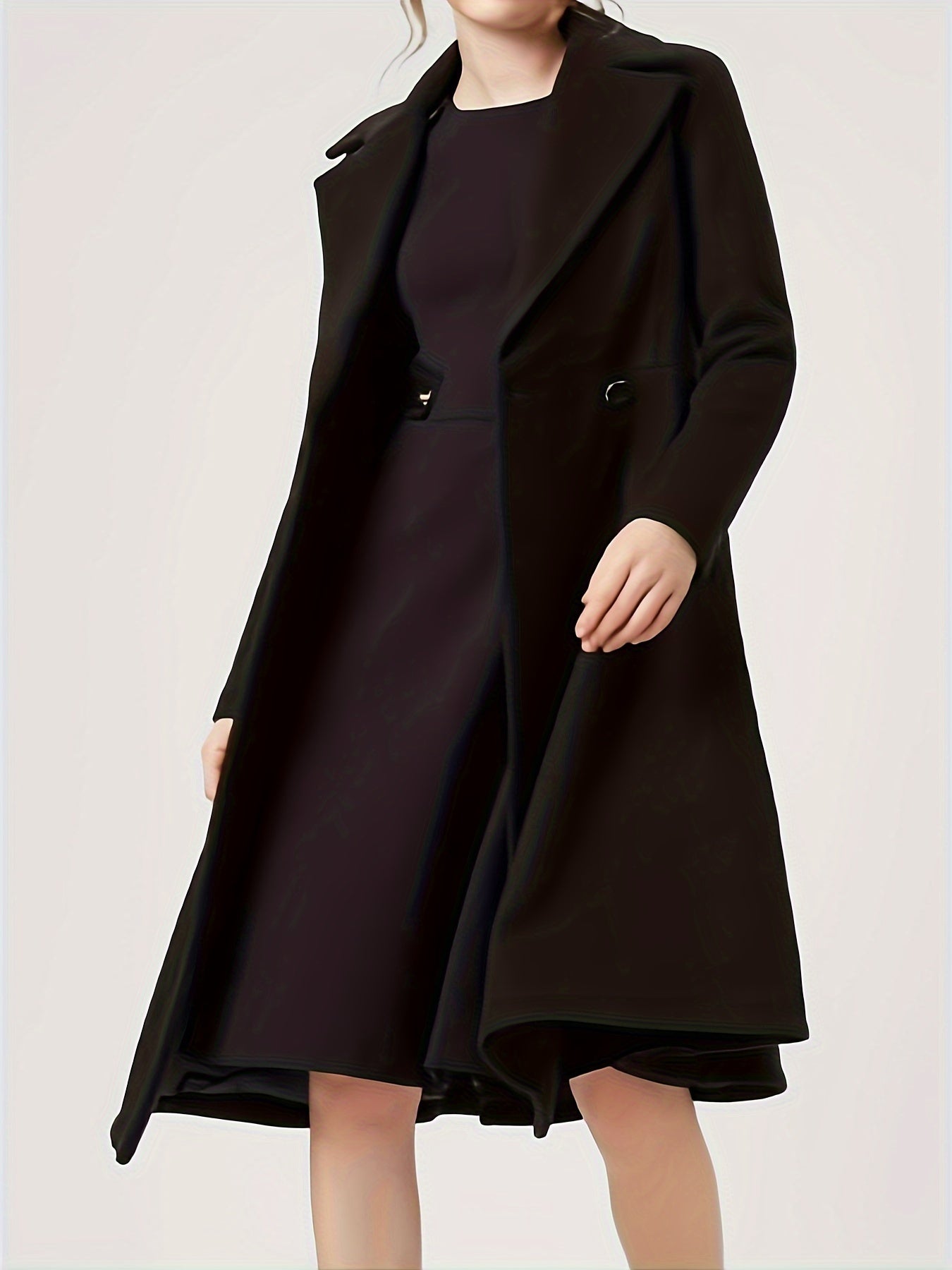 vlovelaw  Plus Size Casual Coat, Women's Plus Solid Long Sleeve Double Breast Button Lapel Collar A-line Wool Blend Coat